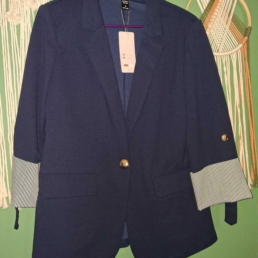 Zara Navy Single-Button Blazer with Striped Cuff Detail